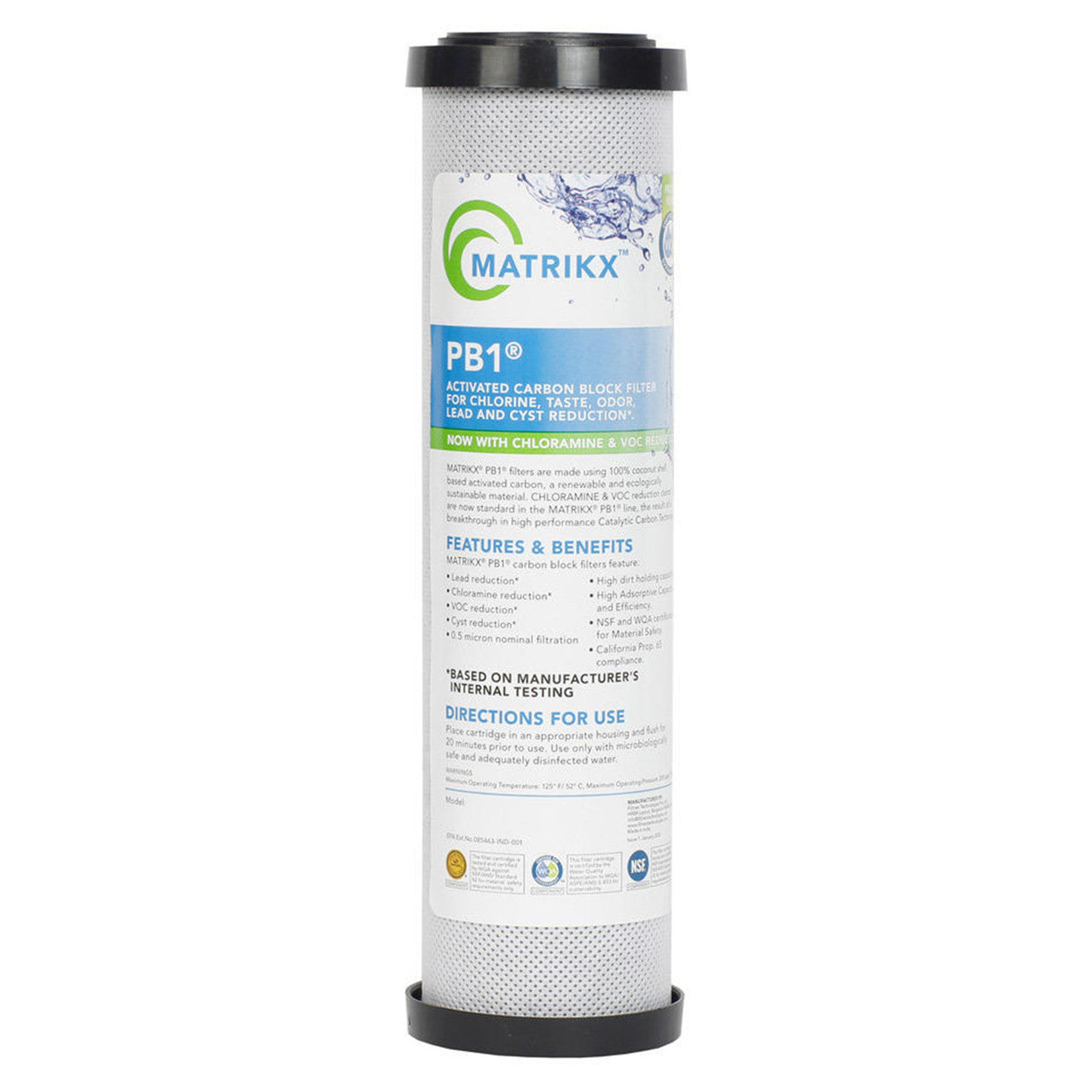 Standard 10" MATRIKX PB1 Activated Carbon Block Filter Cartridge, 0.5-Micron